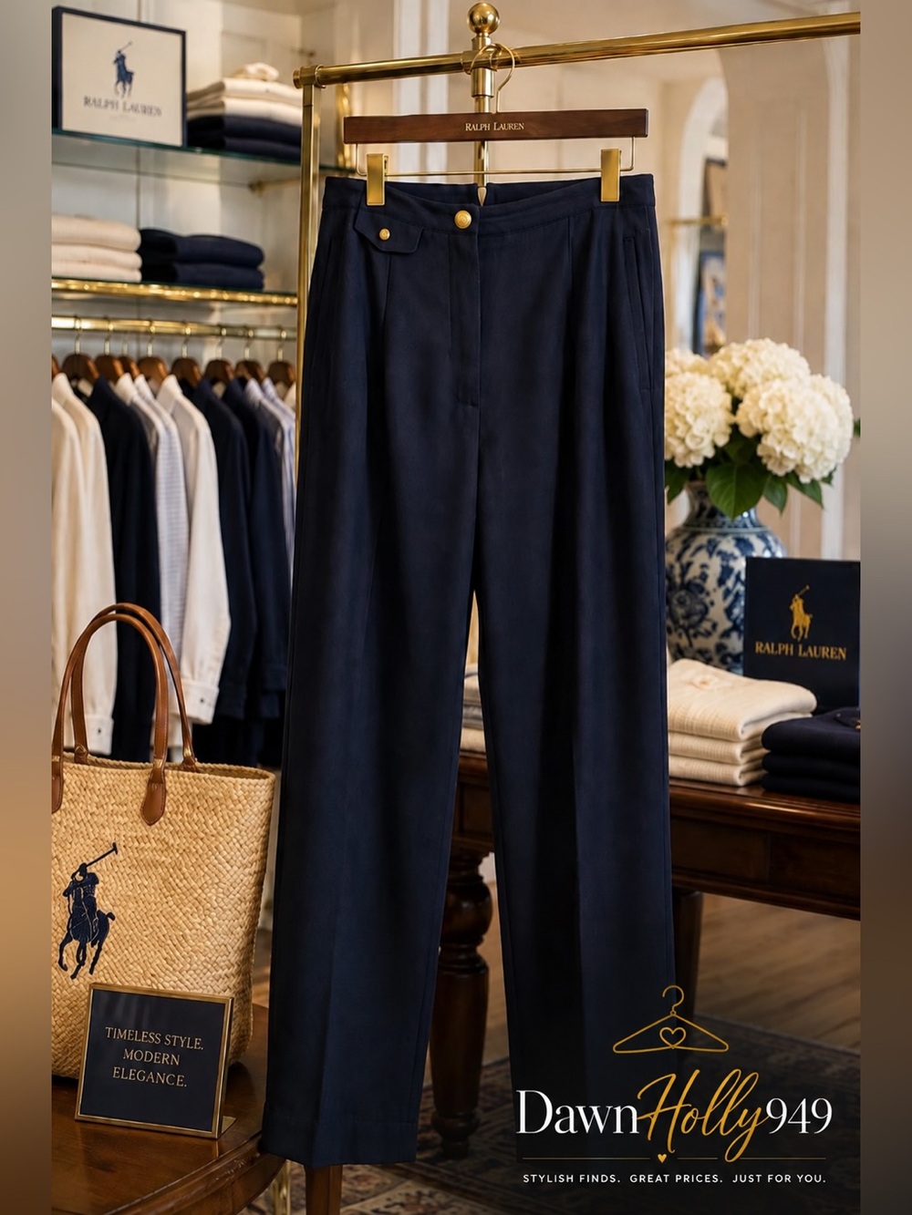 Ralph Lauren Navy Wide-Leg High-Rise Trousers with Gold Buttons